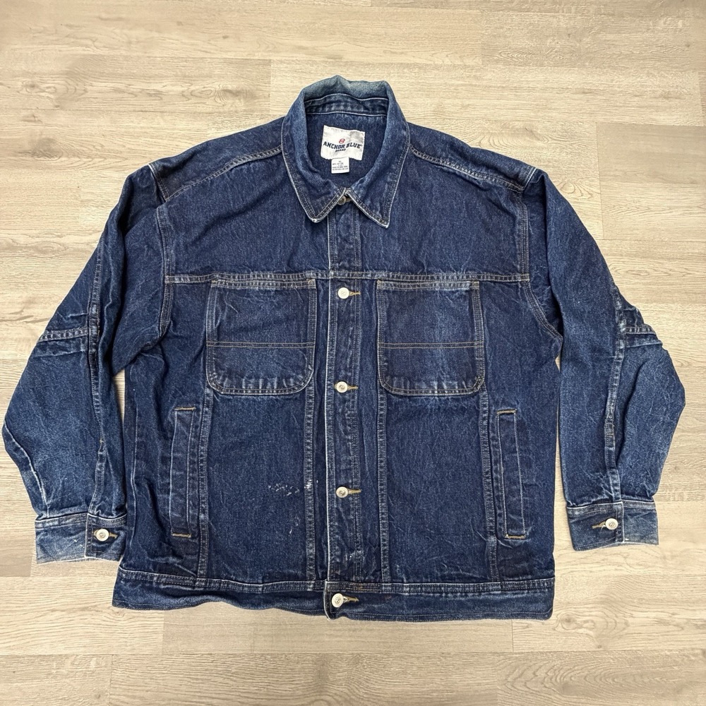 Vintage Anchor Blue Dark Wash Denim Jacket Size Xl Front Pockets 90s